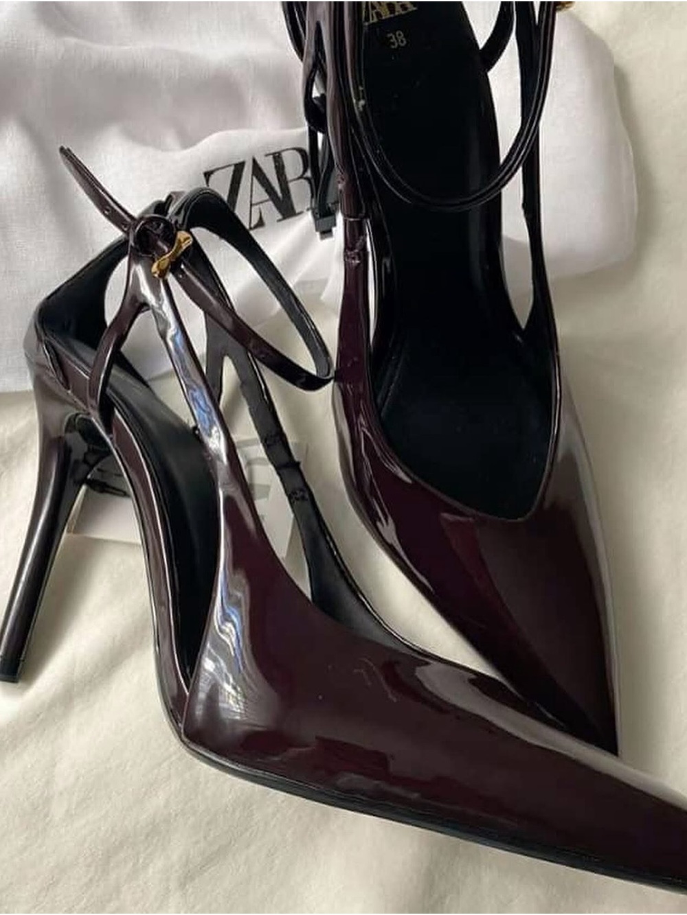 ZARA Patent Pointed-Toe Ankle-Strap Pumps in Deep Burgundy